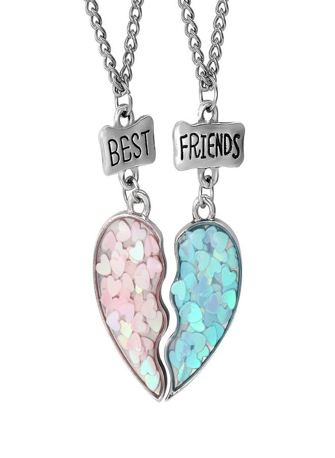 Kefley Bff Friendship Necklace for 2 Girls Matching Necklaces for Best Friends Birthday Gifts for Best Friend Puzzle Heart Necklace for 2 Teen Girls Christmas Necklaces for Bestie Blue Pink Sequin Best Friend Forever Necklace Set - Image 1
